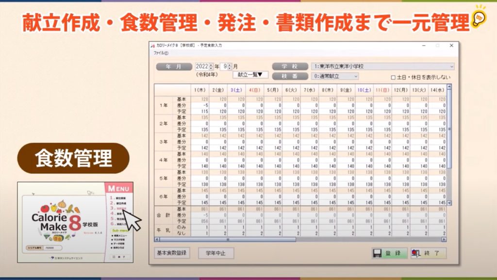 『カロリーメイク８学校版』学校給食栄養士用ソフト